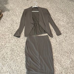 LOFT two piece soft jacket and skirt set. Sage green / grey in color